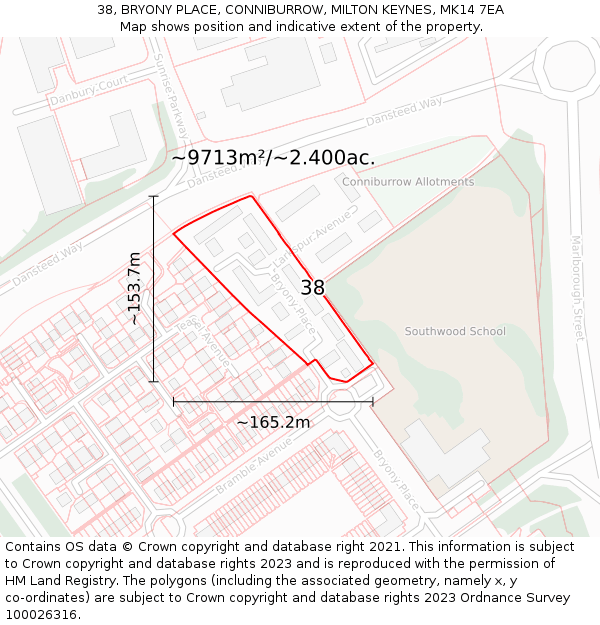38, BRYONY PLACE, CONNIBURROW, MILTON KEYNES, MK14 7EA: Plot and title map