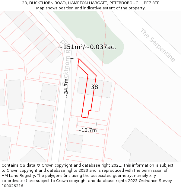 38, BUCKTHORN ROAD, HAMPTON HARGATE, PETERBOROUGH, PE7 8EE: Plot and title map