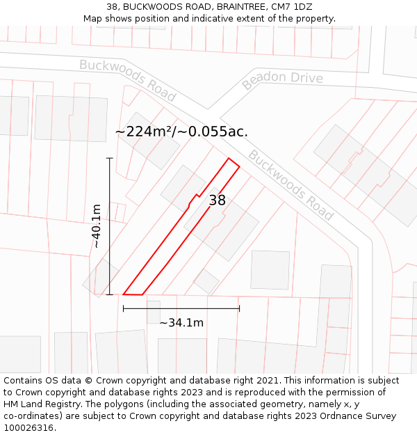 38, BUCKWOODS ROAD, BRAINTREE, CM7 1DZ: Plot and title map
