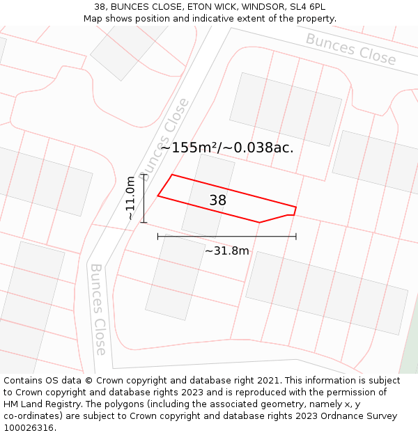 38, BUNCES CLOSE, ETON WICK, WINDSOR, SL4 6PL: Plot and title map