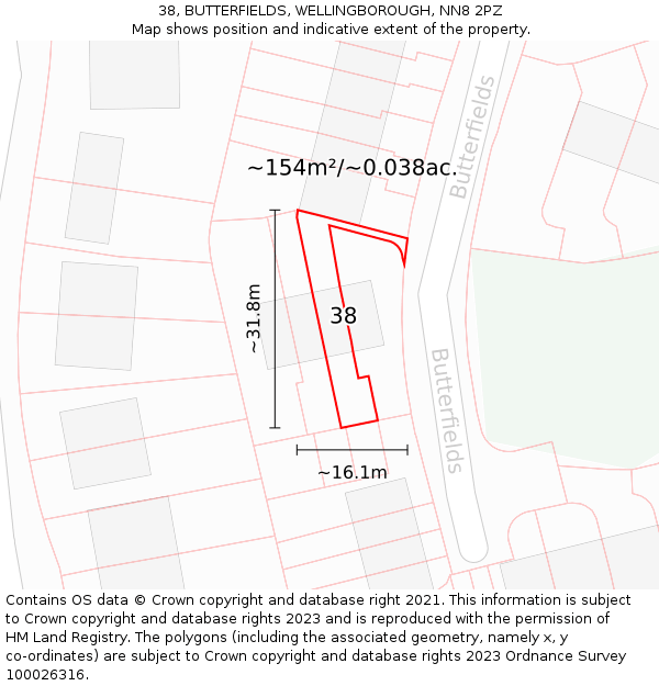 38, BUTTERFIELDS, WELLINGBOROUGH, NN8 2PZ: Plot and title map