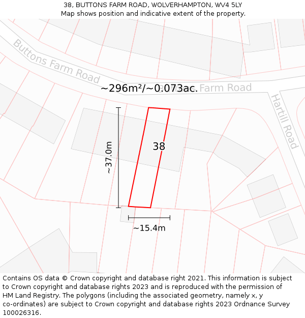 38, BUTTONS FARM ROAD, WOLVERHAMPTON, WV4 5LY: Plot and title map