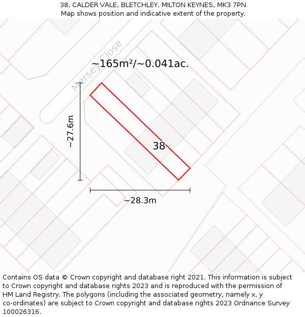 38, CALDER VALE, BLETCHLEY, MILTON KEYNES, MK3 7PN: Plot and title map