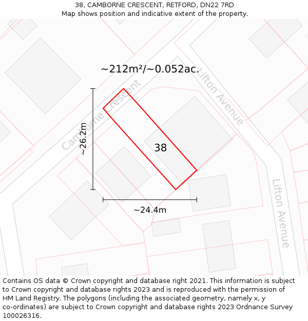 38, CAMBORNE CRESCENT, RETFORD, DN22 7RD: Plot and title map
