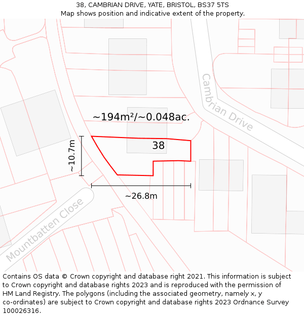 38, CAMBRIAN DRIVE, YATE, BRISTOL, BS37 5TS: Plot and title map