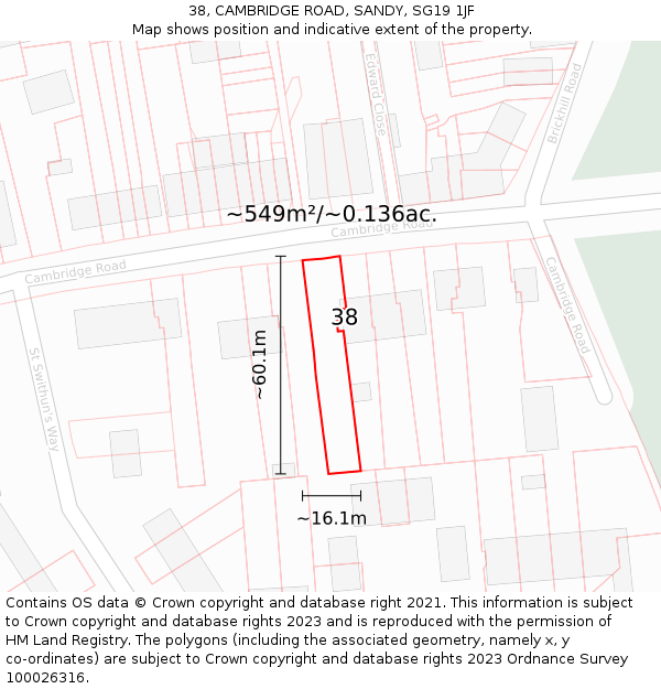 38, CAMBRIDGE ROAD, SANDY, SG19 1JF: Plot and title map