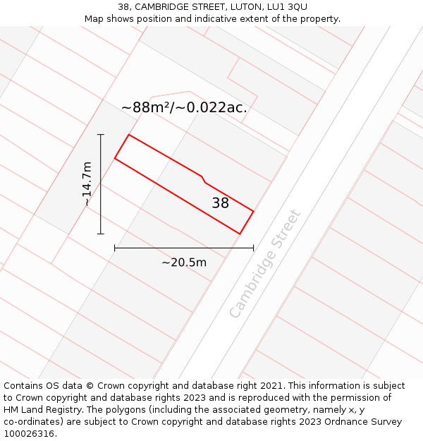 38, CAMBRIDGE STREET, LUTON, LU1 3QU: Plot and title map
