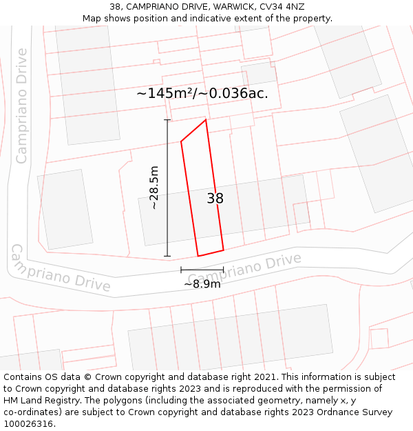 38, CAMPRIANO DRIVE, WARWICK, CV34 4NZ: Plot and title map