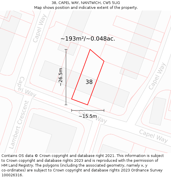 38, CAPEL WAY, NANTWICH, CW5 5UG: Plot and title map
