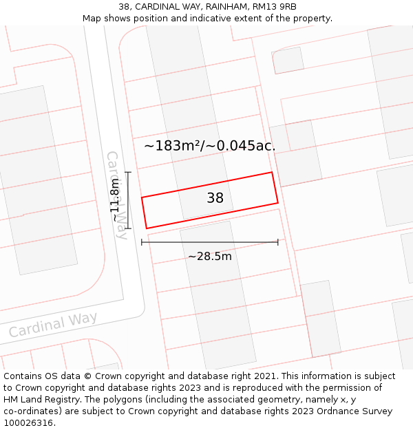 38, CARDINAL WAY, RAINHAM, RM13 9RB: Plot and title map
