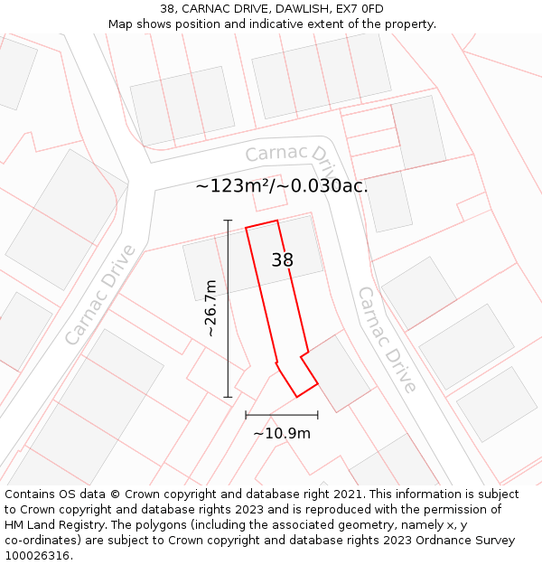 38, CARNAC DRIVE, DAWLISH, EX7 0FD: Plot and title map