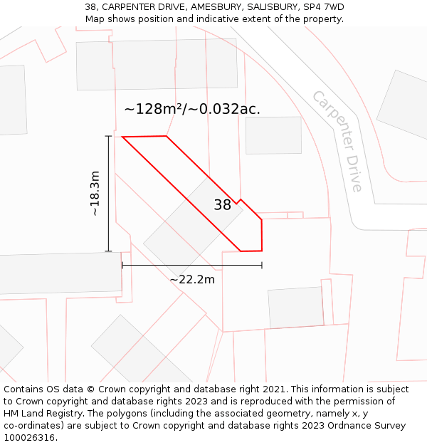 38, CARPENTER DRIVE, AMESBURY, SALISBURY, SP4 7WD: Plot and title map