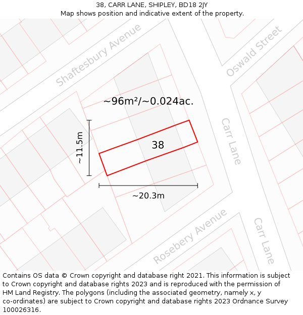 38, CARR LANE, SHIPLEY, BD18 2JY: Plot and title map