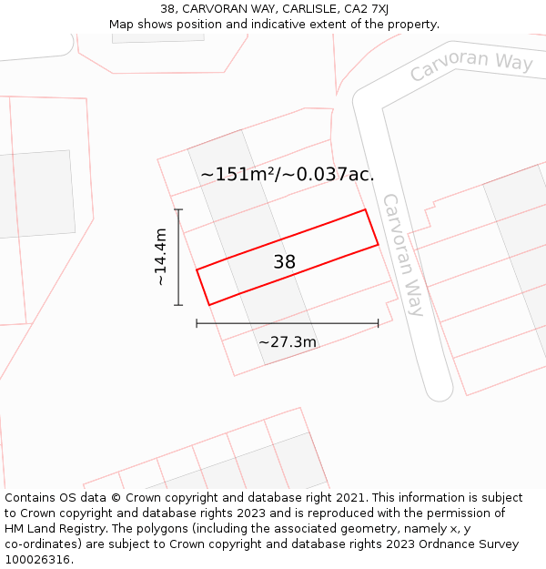 38, CARVORAN WAY, CARLISLE, CA2 7XJ: Plot and title map