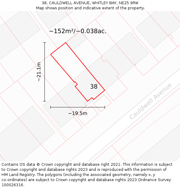 38, CAULDWELL AVENUE, WHITLEY BAY, NE25 9RW: Plot and title map