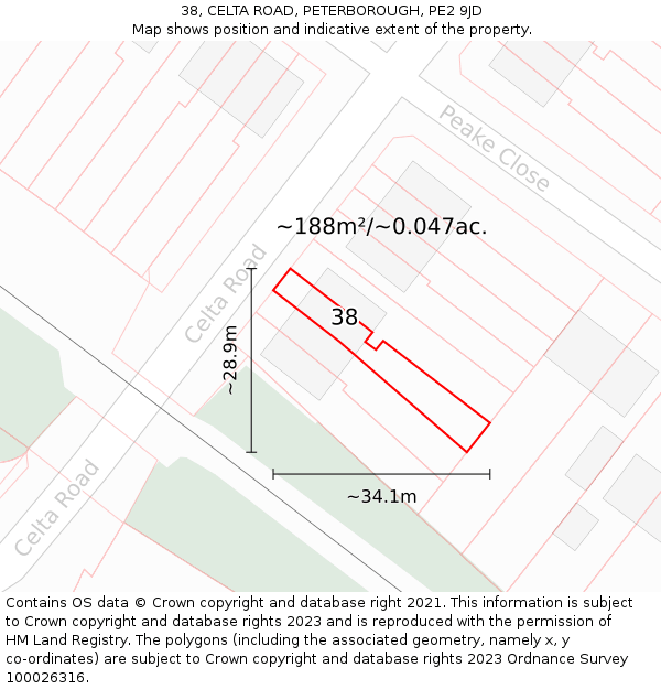 38, CELTA ROAD, PETERBOROUGH, PE2 9JD: Plot and title map
