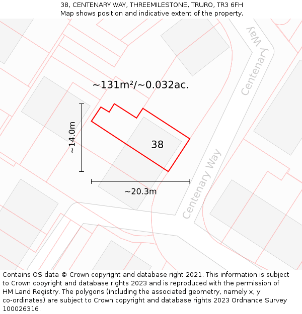 38, CENTENARY WAY, THREEMILESTONE, TRURO, TR3 6FH: Plot and title map