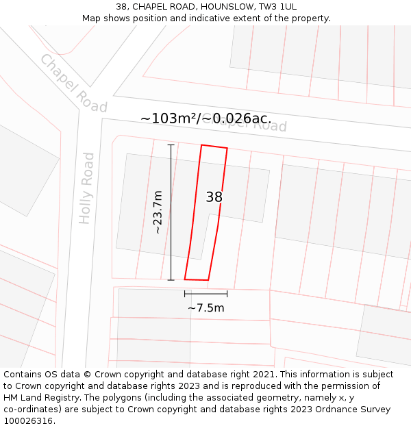 38, CHAPEL ROAD, HOUNSLOW, TW3 1UL: Plot and title map
