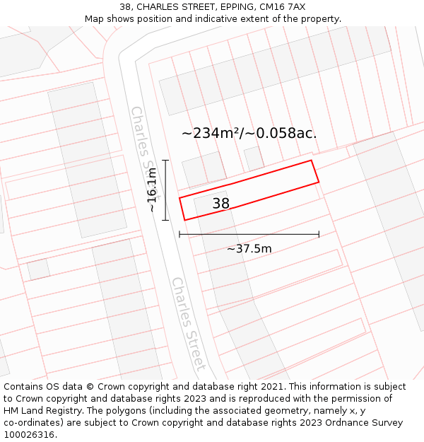 38, CHARLES STREET, EPPING, CM16 7AX: Plot and title map
