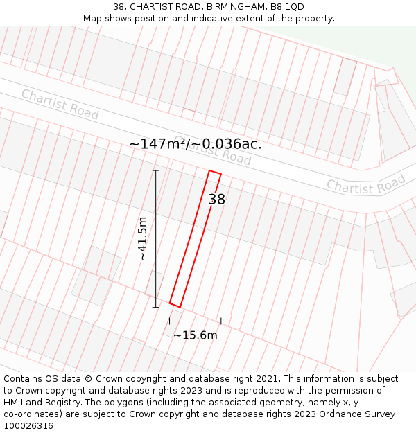 38, CHARTIST ROAD, BIRMINGHAM, B8 1QD: Plot and title map