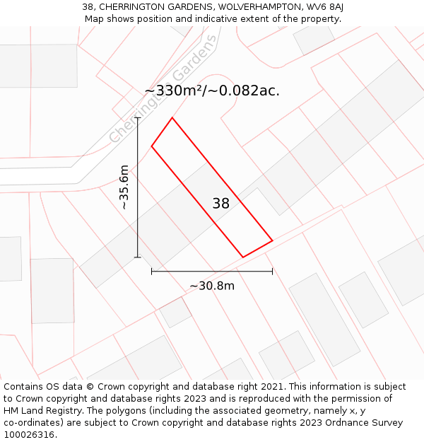 38, CHERRINGTON GARDENS, WOLVERHAMPTON, WV6 8AJ: Plot and title map