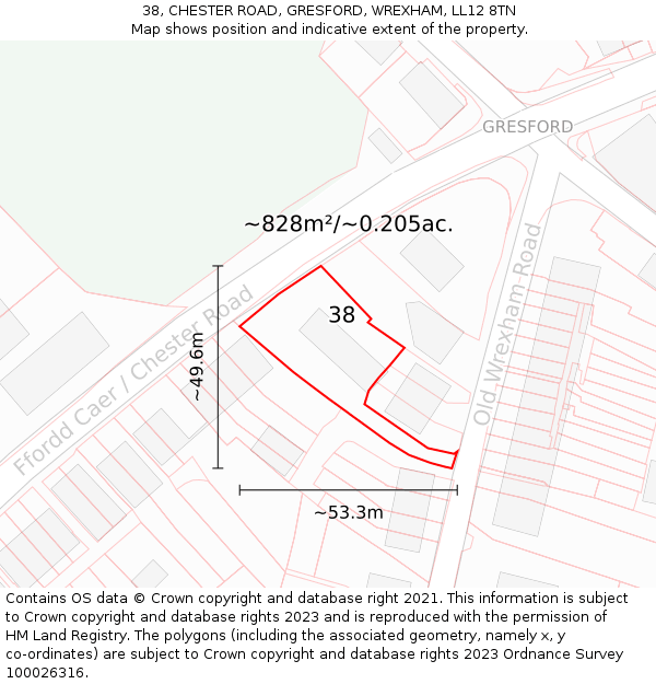 38, CHESTER ROAD, GRESFORD, WREXHAM, LL12 8TN: Plot and title map