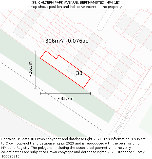 38, CHILTERN PARK AVENUE, BERKHAMSTED, HP4 1EX: Plot and title map
