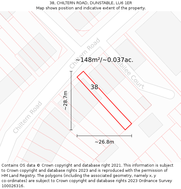 38, CHILTERN ROAD, DUNSTABLE, LU6 1ER: Plot and title map
