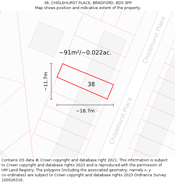 38, CHISLEHURST PLACE, BRADFORD, BD5 0PP: Plot and title map