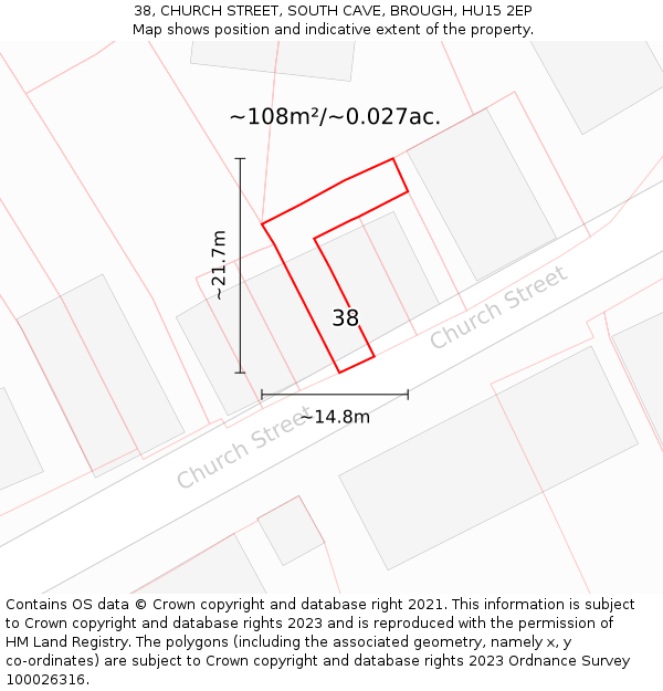 38, CHURCH STREET, SOUTH CAVE, BROUGH, HU15 2EP: Plot and title map