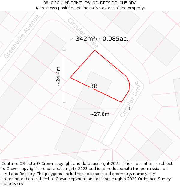 38, CIRCULAR DRIVE, EWLOE, DEESIDE, CH5 3DA: Plot and title map