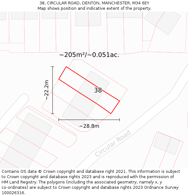 38, CIRCULAR ROAD, DENTON, MANCHESTER, M34 6EY: Plot and title map