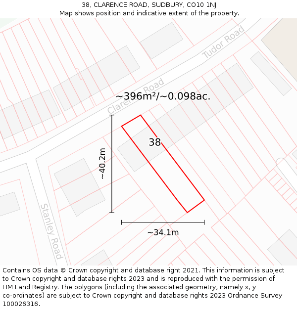 38, CLARENCE ROAD, SUDBURY, CO10 1NJ: Plot and title map