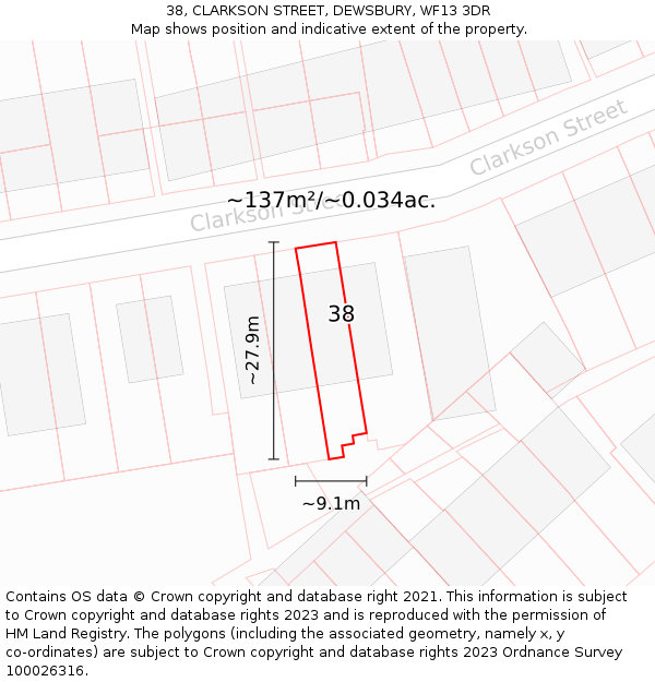 38, CLARKSON STREET, DEWSBURY, WF13 3DR: Plot and title map