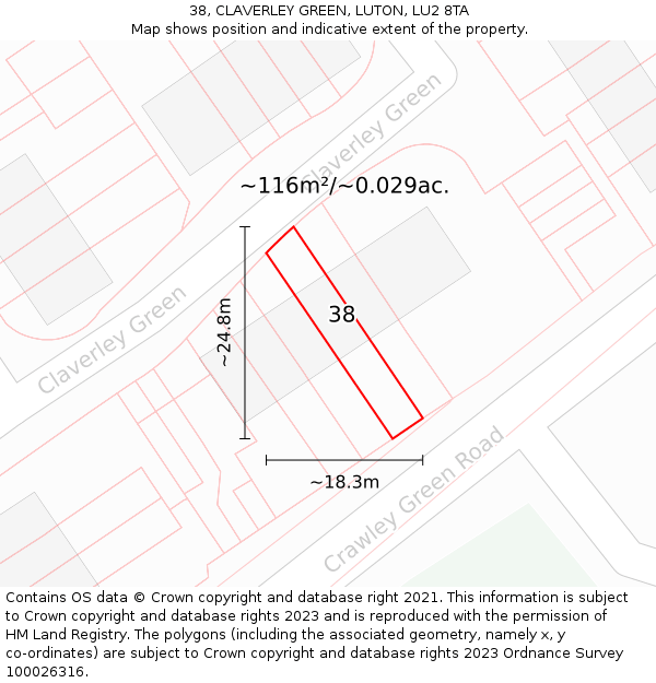 38, CLAVERLEY GREEN, LUTON, LU2 8TA: Plot and title map