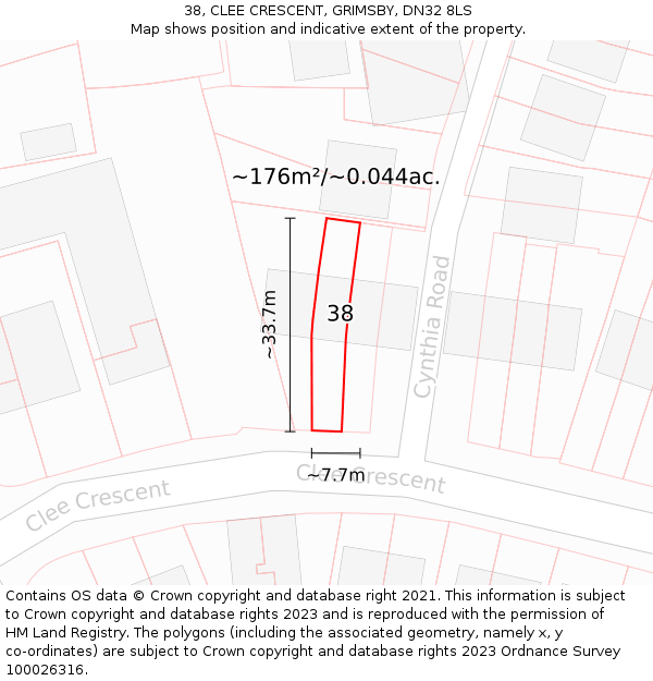 38, CLEE CRESCENT, GRIMSBY, DN32 8LS: Plot and title map