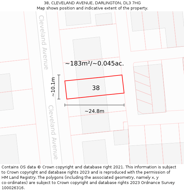 38, CLEVELAND AVENUE, DARLINGTON, DL3 7HG: Plot and title map