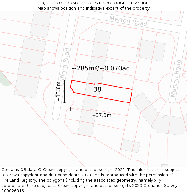 38, CLIFFORD ROAD, PRINCES RISBOROUGH, HP27 0DP: Plot and title map