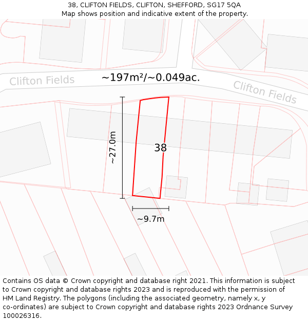 38, CLIFTON FIELDS, CLIFTON, SHEFFORD, SG17 5QA: Plot and title map
