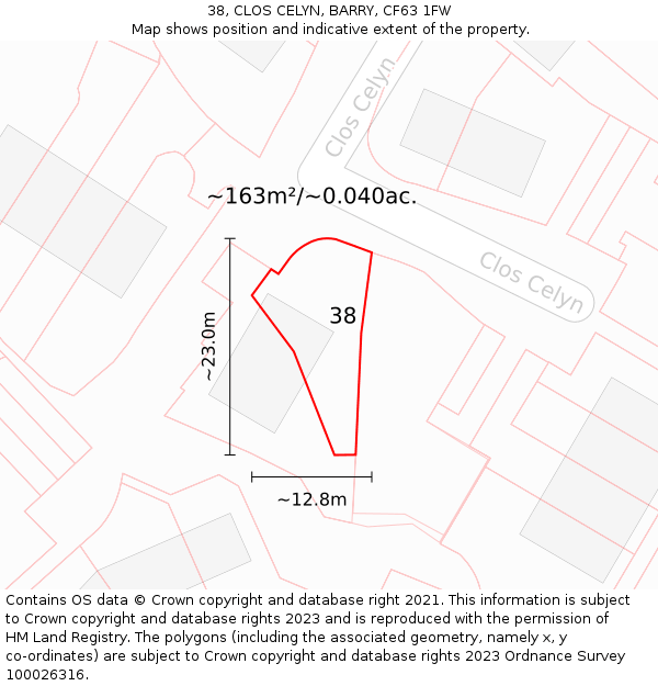 38, CLOS CELYN, BARRY, CF63 1FW: Plot and title map