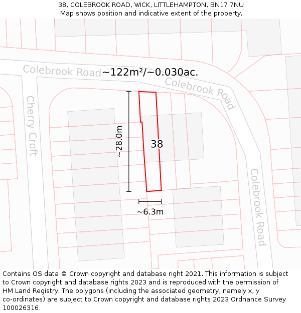 38, COLEBROOK ROAD, WICK, LITTLEHAMPTON, BN17 7NU: Plot and title map