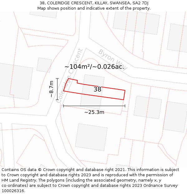 38, COLERIDGE CRESCENT, KILLAY, SWANSEA, SA2 7DJ: Plot and title map