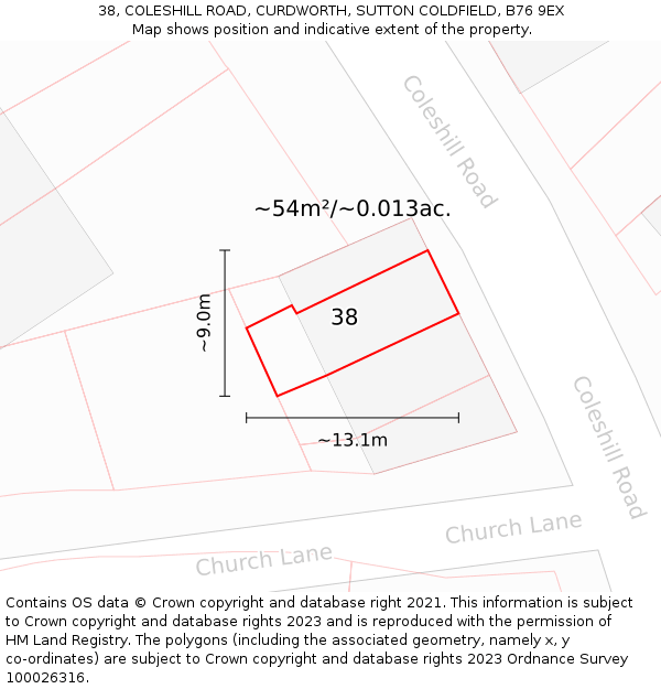38, COLESHILL ROAD, CURDWORTH, SUTTON COLDFIELD, B76 9EX: Plot and title map