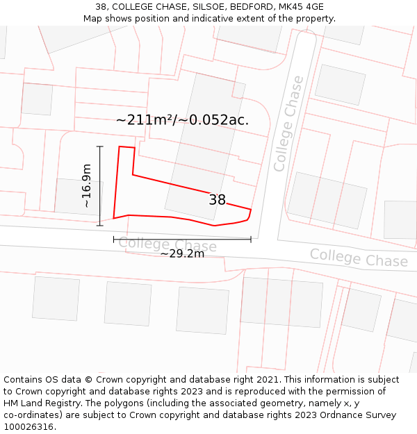 38, COLLEGE CHASE, SILSOE, BEDFORD, MK45 4GE: Plot and title map