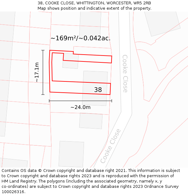 38, COOKE CLOSE, WHITTINGTON, WORCESTER, WR5 2RB: Plot and title map
