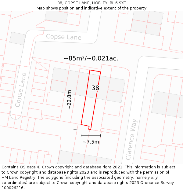 38, COPSE LANE, HORLEY, RH6 9XT: Plot and title map