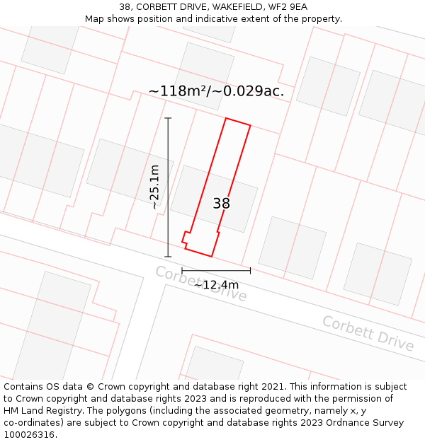 38, CORBETT DRIVE, WAKEFIELD, WF2 9EA: Plot and title map