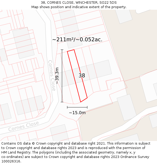 38, CORNES CLOSE, WINCHESTER, SO22 5DS: Plot and title map