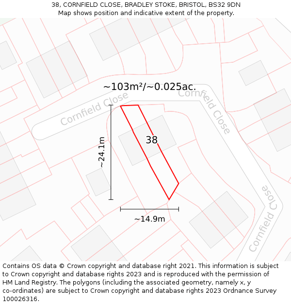 38, CORNFIELD CLOSE, BRADLEY STOKE, BRISTOL, BS32 9DN: Plot and title map