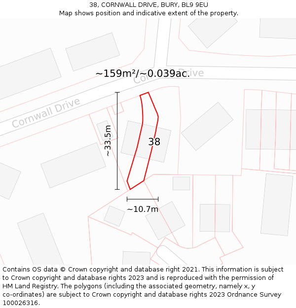 38, CORNWALL DRIVE, BURY, BL9 9EU: Plot and title map